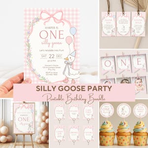 Editable Silly Goose Birthday Bundle, Gingham Party Templates, Pink First Party Decoration, Custom Birthday Signs, Custom Birthday Decor