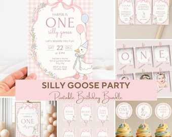 Editable Silly Goose Birthday Bundle, Gingham Party Templates, Pink First Party Decoration, Custom Birthday Signs, Custom Birthday Decor