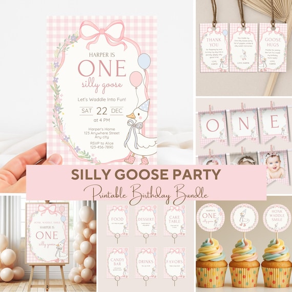 Editable Silly Goose Birthday Bundle, Gingham Party Templates, Pink First Party Decoration, Custom Birthday Signs, Custom Birthday Decor