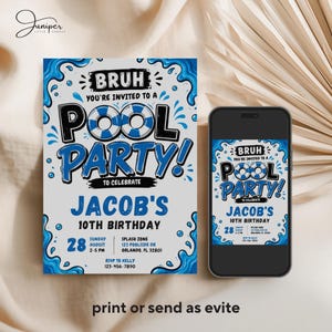 Bruh Pool Party Birthday Invitation, Blue Summer Invite, Boys Swimming Pool Party, 10th Birthday Poolside Invite, Water Splash Invite