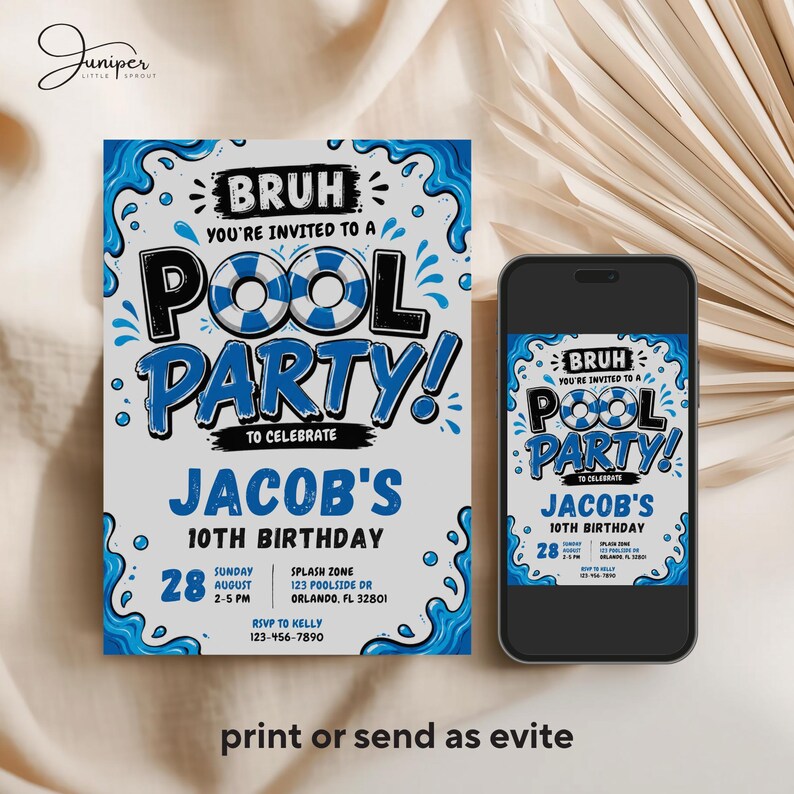 Bruh Pool Party Birthday Invitation, Blue Summer Invite, Boys Swimming Pool Party, 10th Birthday Poolside Invite, Water Splash Invite