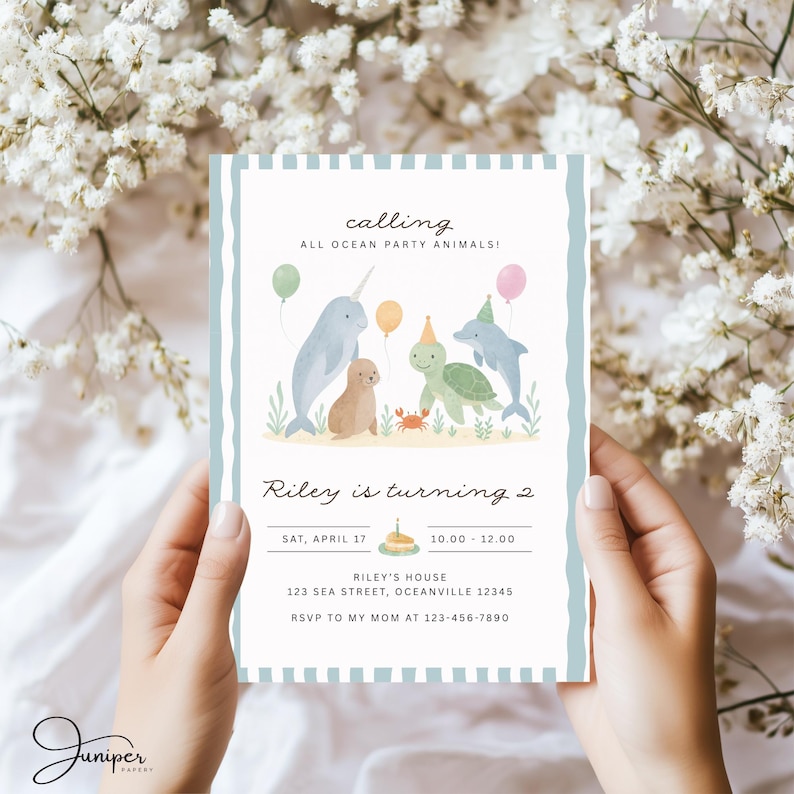 Sea Animals Birthday Invite, Ocean Party Animals Second Birthday Invitation, Under The Sea Birthday Invite, Blue Party Animals Invitation