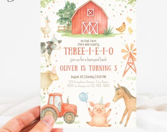 May include: A watercolor-style invitation for a barnyard-themed birthday party. The design features a red barn, farm animals, a tractor, and the text "THREE-I-E-I-O" and "Oliver is Turning 3". The invitation includes party details.