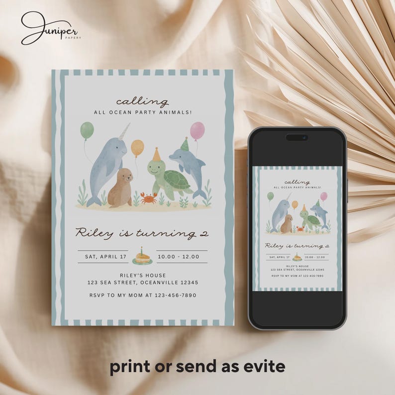 Sea Animals Birthday Invite, Ocean Party Animals Second Birthday Invitation, Under The Sea Birthday Invite, Blue Party Animals Invitation