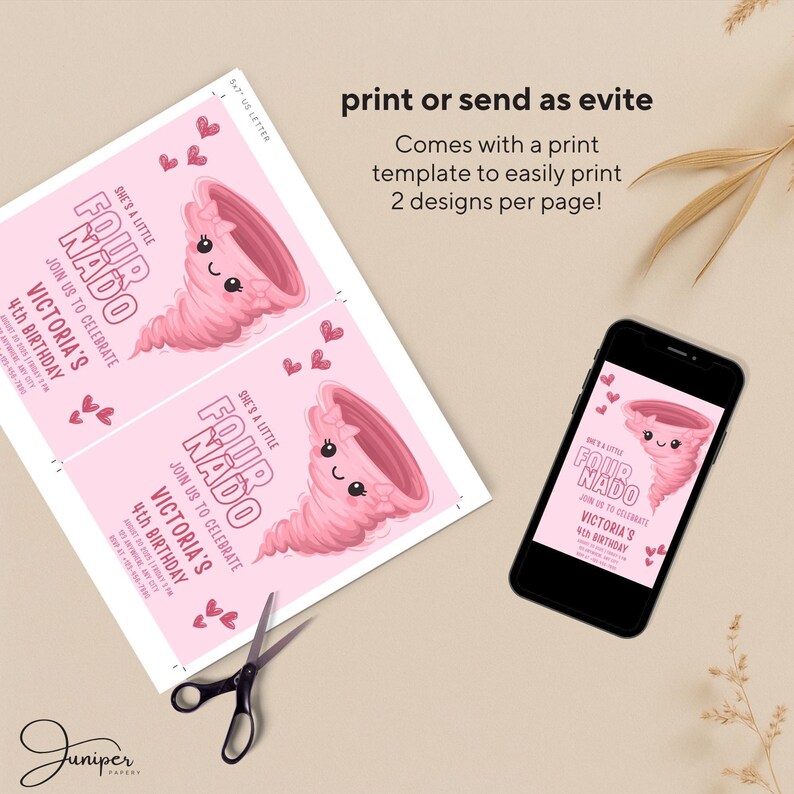 Fournado Birthday Invitation Girl, Fournado Invitation, Four Year Old Girl Birthday Invite, Birthday Girl Invite 4 Years, Tornado Invitation
