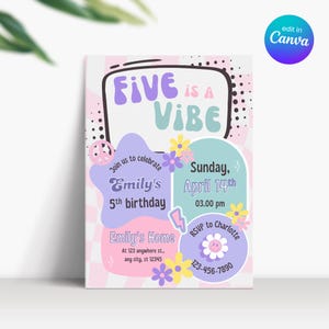 Fille d'invitation Five Is A Vibe, invitation d'anniversaire rétro fille de cinq ans, invitation de fête pastel Five Is A Vibe, invitation d'anniversaire High Five