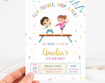 May include: A party invitation with the text "Flip, Tumble, Jump, & Play" and illustrations of children doing gymnastics. The invitation is for Amelia's 5th birthday, with date, time, address, and RSVP information.