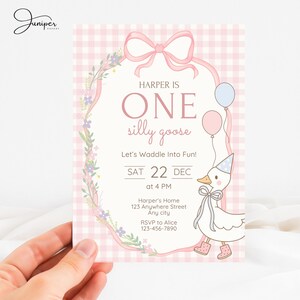 Editable Silly Goose Birthday Bundle, Gingham Party Templates, Pink First Party Decoration, Custom Birthday Signs, Custom Birthday Decor