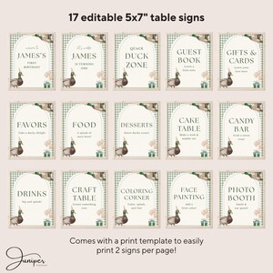 May include: Set of 17 editable 5x7 inch table signs with a duck theme. Each sign features a duck illustration and text for various party stations like "Favors," "Cake Table," and "Photo Booth." The signs are designed for a first birthday celebration.