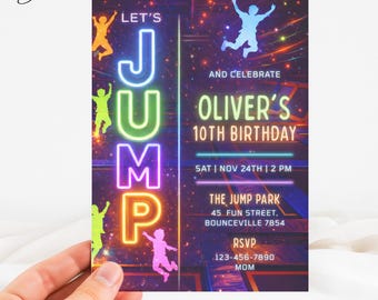 Trampoline Park Birthday Invitation, Let’s Jump Birthday Card, Teen Gymnastics Party Template, Retro Bounce House And Jump Park Invite