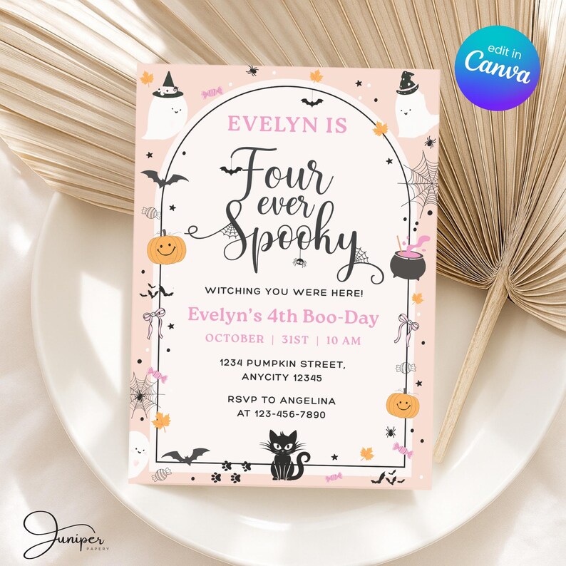 Four Ever Invitation, Spooky Halloween Birthday Invitation, 4th Boo-Day Invite, Pumpkin 4th Birthday Invitation Girl, Pink Halloween Invite