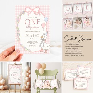 Editable Silly Goose Birthday Bundle, Gingham Party Templates, Pink First Party Decoration, Custom Birthday Signs, Custom Birthday Decor