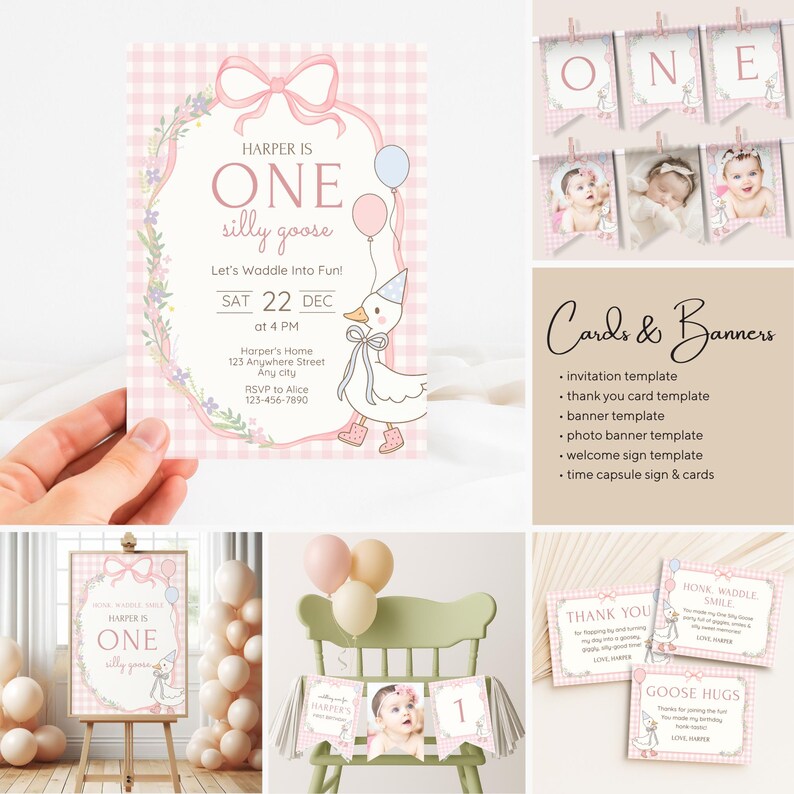 Editable Silly Goose Birthday Bundle, Gingham Party Templates, Pink First Party Decoration, Custom Birthday Signs, Custom Birthday Decor