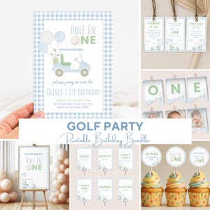May include: A collection of printable golf-themed birthday party decorations. Includes invitations, thank you tags, cupcake toppers, and food labels. The invitation features a golf cart and the text "Hole in One". The color scheme is light blue and green.