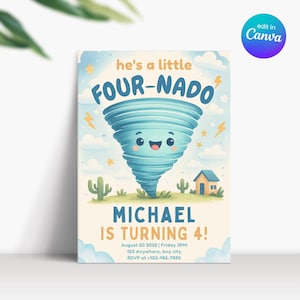 Fournado verjaardagsuitnodiging jongen, Fournado uitnodiging, vierjarige jongen verjaardagsuitnodiging, feestvarken uitnodigen 4 jaar, tornado uitnodiging