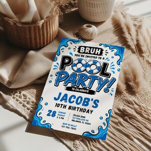 Bruh Pool Party Birthday Invitation, Blue Summer Invite, Boys Swimming Pool Party, 10th Birthday Poolside Invite, Water Splash Invite