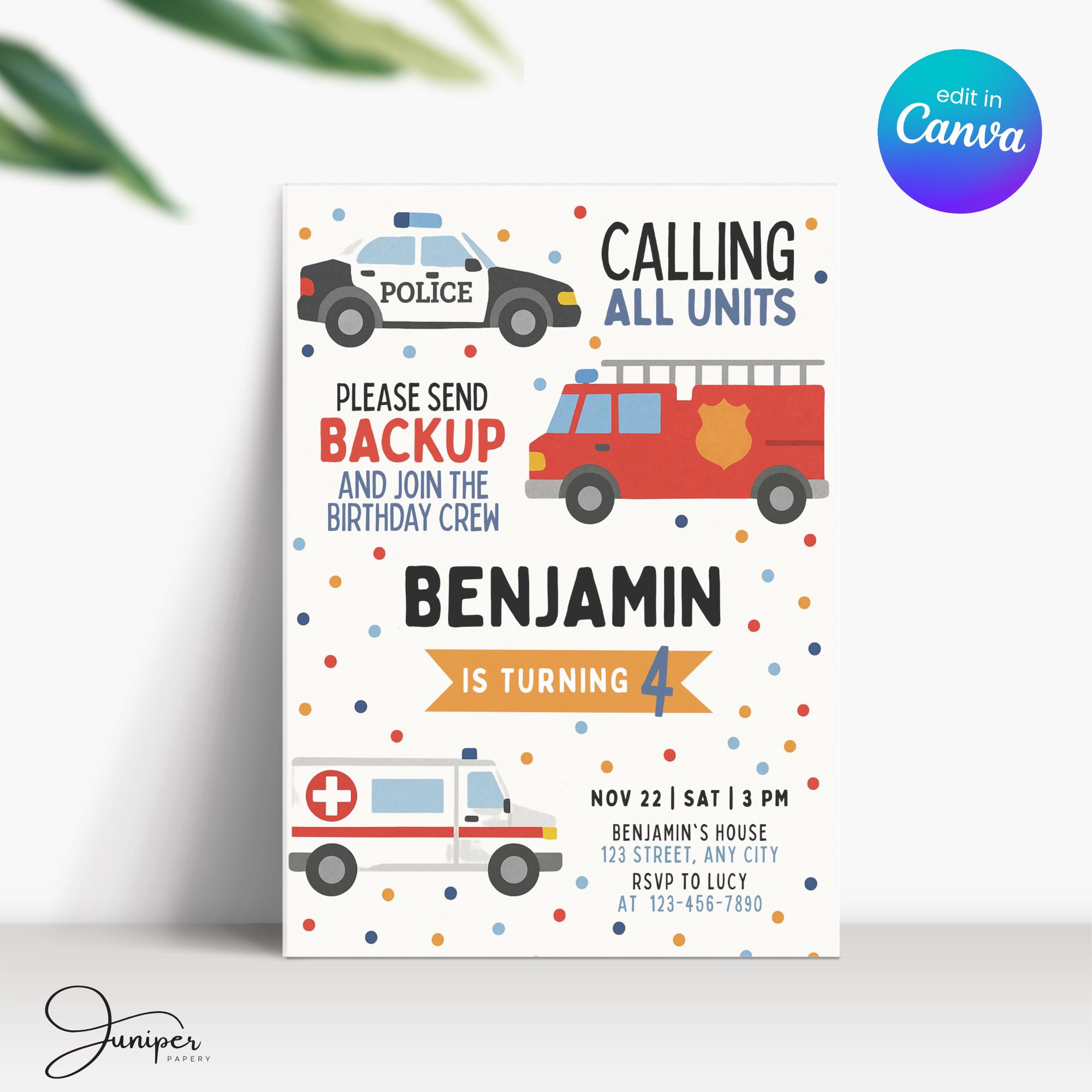 Emergency Vehicles Birthday Invitation, Vehicle Birthday Party Invite ...