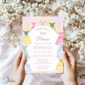 Four Ever A Princess Birthday Invitation, Princess Dress 4th Birthday Invite, Royal Theme Birthday Template, Fairytale Birthday Party