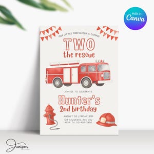 Zwei die Rettung Geburtstagsjunge Einladung, Firetruck Geburtstag einladen, 2 Jahre alter Junge Geburtstagseinladung, Geburtstagsjunge Einladung 2 Jahre