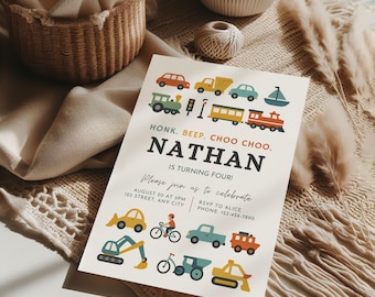 Vehicle Transportation Birthday Invitation, Vehicle Birthday Party Invite, 4th Birthday Train Invitation, 4 Year Old Boy Birthday Invitation