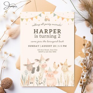 Party Animals Farm Invitation, 2nd Birthday Farm Animal Invite, Farm Invitation Two Year Old, Barnyard Bash Invitation, Petting Zoo Invite
