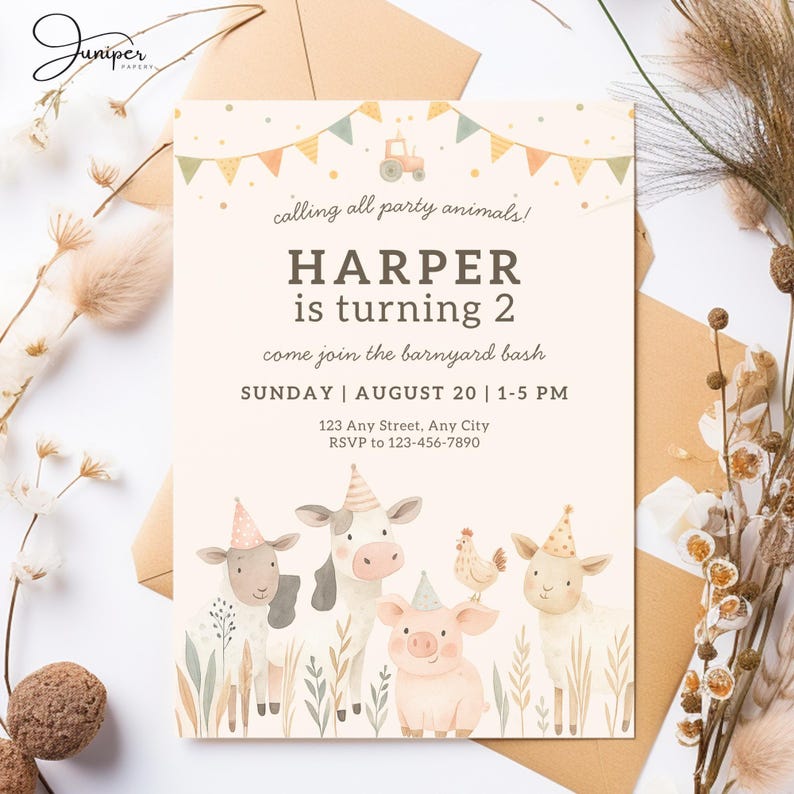 Party Animals Farm Invitation, 2nd Birthday Farm Animal Invite, Farm Invitation Two Year Old, Barnyard Bash Invitation, Petting Zoo Invite