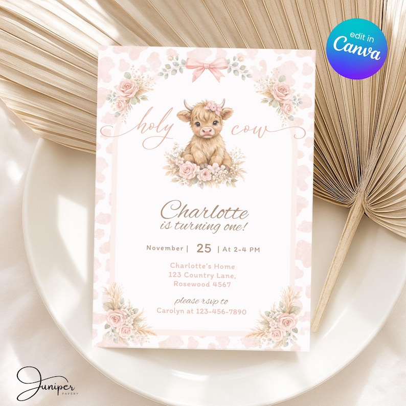 Holy Cow First Birthday Invite, Highland Cow Birthday Invitate, Holy Cow Pink Girl Invite, Scottish Cow Birthday Invite, Farm Animal Invite