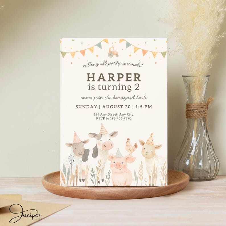 Party Animals Farm Invitation, 2nd Birthday Farm Animal Invite, Farm Invitation Two Year Old, Barnyard Bash Invitation, Petting Zoo Invite