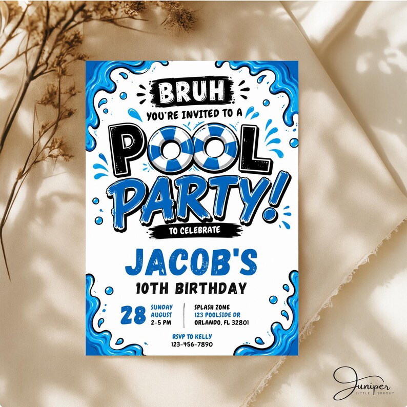 Bruh Pool Party Birthday Invitation, Blue Summer Invite, Boys Swimming Pool Party, 10th Birthday Poolside Invite, Water Splash Invite