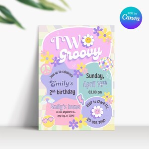 Zwei Groovy-Geburtstags-Einladung, Retro zweijähriges Mädchen-Geburtstag einladen, Geburtstags-Mädchen-Einladung 2 Jahre, zwei Groovy-Einladung Digital