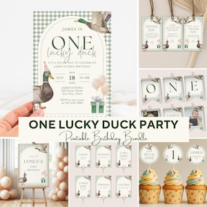 May include: A collection of printable birthday party decorations with a duck theme. Includes invitations, thank you tags, a banner, signs for food and drinks, and cupcake toppers. The invitation reads "One Lucky Duck" and includes party details.