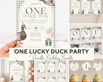 Bearbeitbar Ein Lucky Duck-Geburtstagsfeier-Bundle, Einladung & Dekoration der Grünen Gingham-Stockente, benutzerdefinierte Dumme Gans-Geburtstagsfeier-Printables