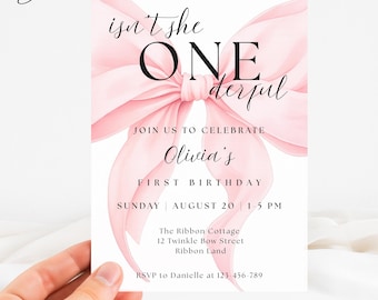 Isn't She Onederful Birthday Invite, Pink Bow First Birthday Invite, Coquette Pink Ribbon Party Invite, Classy Girl First Birthday Invite