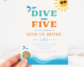 Dive Into Five Pool Party Invite, Pool Party Birthday Invite, 5 Year Old Birthday Invite, Summer Beach Birthday Invite, Swim Party Invite