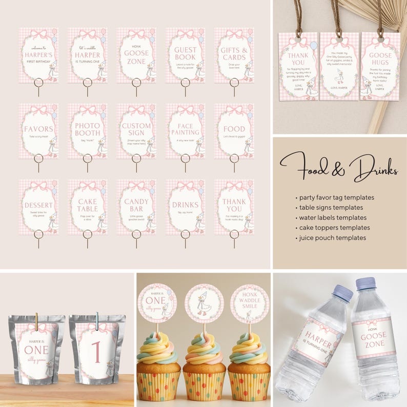 Editable Silly Goose Birthday Bundle, Gingham Party Templates, Pink First Party Decoration, Custom Birthday Signs, Custom Birthday Decor