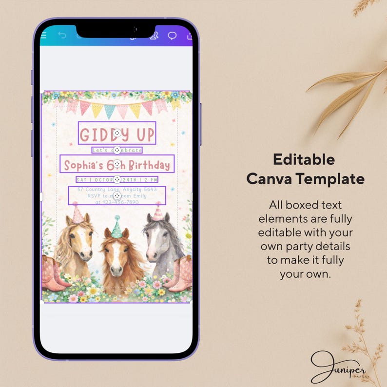 Horse Birthday Invitation, Giddy Up Birthday Party Invite, Girl's Birthday Invite, Pony Birthday Invite, Pink Floral Birthday Invite