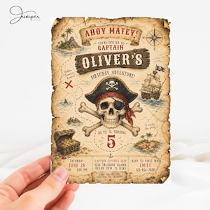 Inbjudan till piratfödelsedag, Ahoy Matey-födelsedagsinbjudan, Skattkarta med dödskalle, Äventyrsfest med piratskeppstema, Kaptenskatt-tema