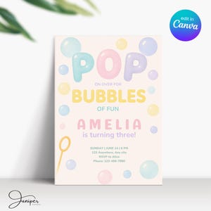 Bubble-Geburtstags-Einladung, dritter Geburtstag einladen Bubbles, Pastell 3 Jahre altes Mädchen Geburtstag einladen, Mädchen-Geburtstags-Einladung Bubbles