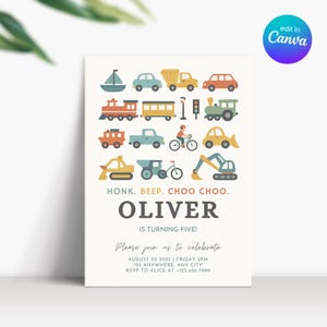 Vehicle Transportation Birthday Invitation, Vehicle Birthday Party Invite, 5th Birthday Train Invitation, 5 Year Old Boy Birthday Invitation