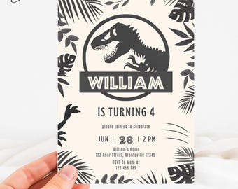 Dino Jungle Invite, Jurassic Invite, T-rex Birthday Invitation, Dinosaur World Invite, Minimalist T-rex Invite, 4th Birthday Invite Boy