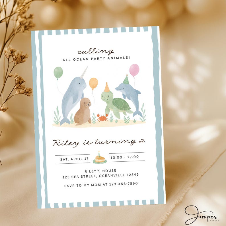 Sea Animals Birthday Invite, Ocean Party Animals Second Birthday Invitation, Under The Sea Birthday Invite, Blue Party Animals Invitation