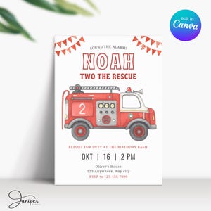 Convite de aniversário para menino Two The Rescue, convite de aniversário para caminhão de bombeiros, convite de aniversário para menino de 2 anos, convite de aniversário para menino de 2 anos
