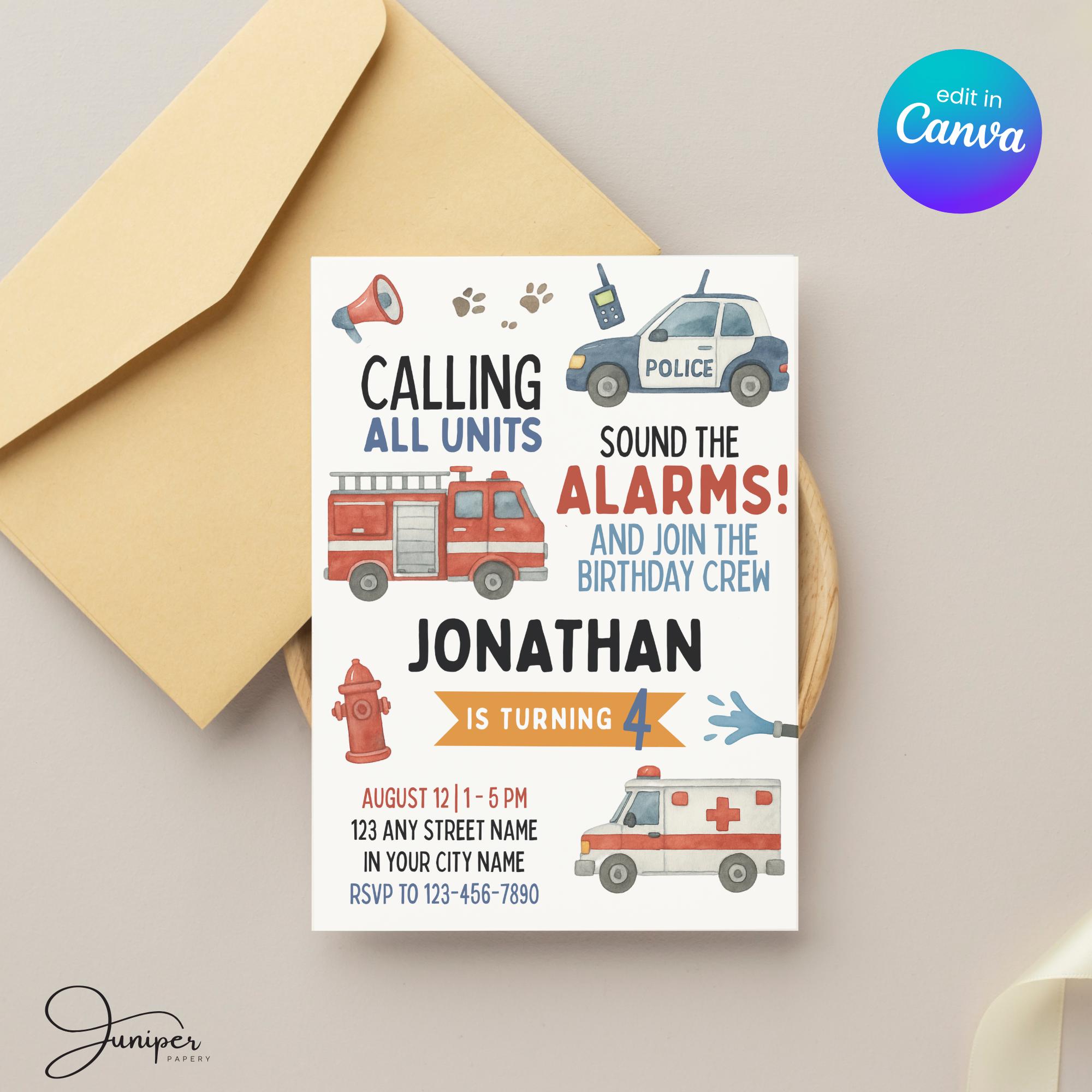 Emergency Vehicles Birthday Invitation, Vehicle Birthday Party Invite ...