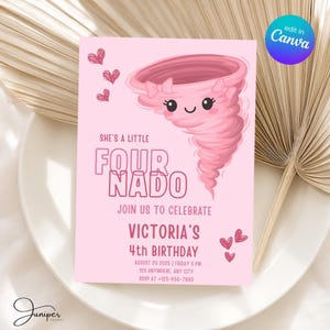 Fournado Birthday Invitation Girl, Fournado Invitation, Four Year Old Girl Birthday Invite, Birthday Girl Invite 4 Years, Tornado Invitation