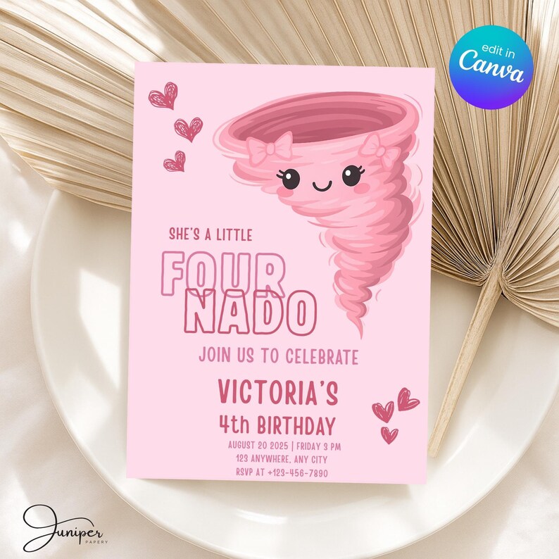 Fournado Birthday Invitation Girl, Fournado Invitation, Four Year Old Girl Birthday Invite, Birthday Girl Invite 4 Years, Tornado Invitation