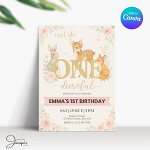 Isn&#39;t She Onederful Birthday Invitation, Deer Birthday Invitation Girl, Woodland Girl First Birthday Invitation,  Baby Deer Birthday Invite