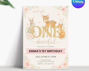 ¿No es maravillosa? Invitación de cumpleaños, Invitación de cumpleaños de ciervo para niña, Invitación de primer cumpleaños de niña con temática de bosque, Invitación de cumpleaños de cervatillo
