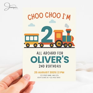 Choo Choo Laden Sie das Zug-Thema ein, 2. Geburtstag-Zug-Einladung, 2-jähriger Junge-Geburtstags-Einladung, Fahrzeug-Transport-Geburtstags-Einladung