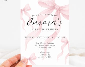 Pink Bows Birthday Invitation, Coquette Pink Bow First Birthday Invitation, Baby Girl First Birthday Invite, Elegant Pink Ribbon Invitation