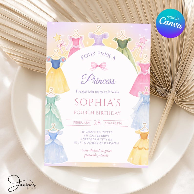 Four Ever A Princess Birthday Invitation, Princess Dress 4th Birthday Invite, Royal Theme Birthday Template, Fairytale Birthday Party